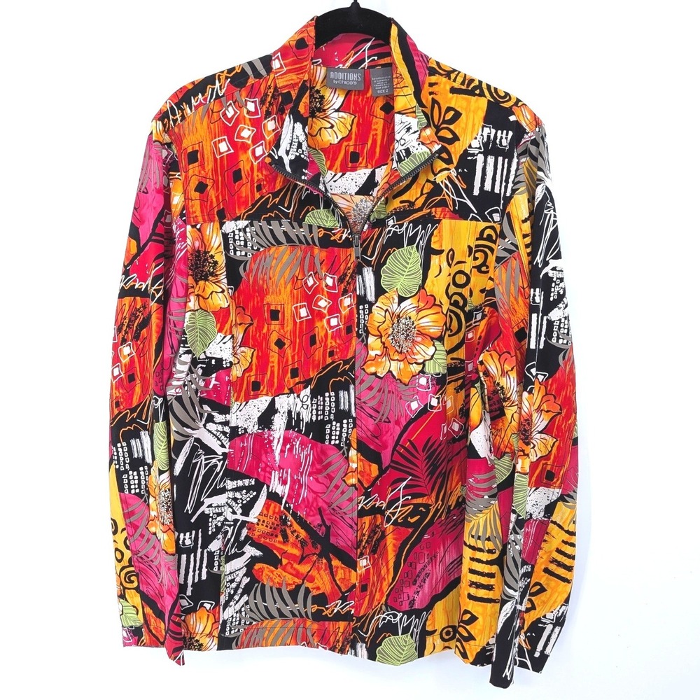 Chicos Additions Jacket Women L Multicolor Tropical Floral Abstract Zip Up Artsy